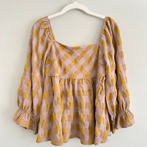 Entro Anthropologie Gold & Lavender Gingham Textured Boho Peplum Top Size Medium